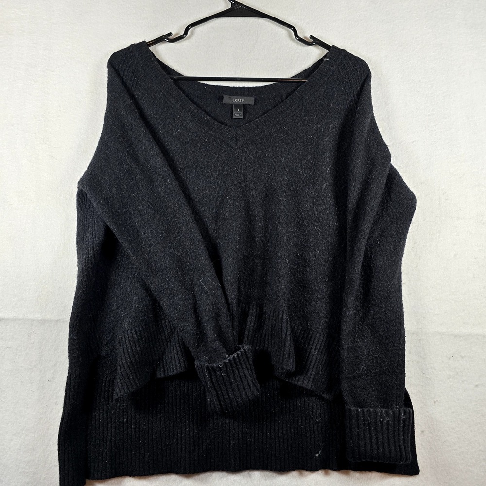 J Crew Sweater Womens Small Black V- Neck Long Sleeve Merino Wool Alpaca Blend‎